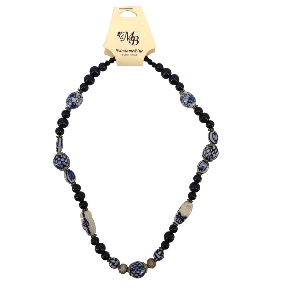 Madame Blue Dutch Jewels Ceramic Beaded Necklace Blue White Delft Style Toggle